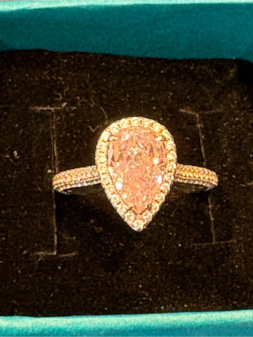Pear-Shaped Pink Halo Ring in Rose Gold Tone